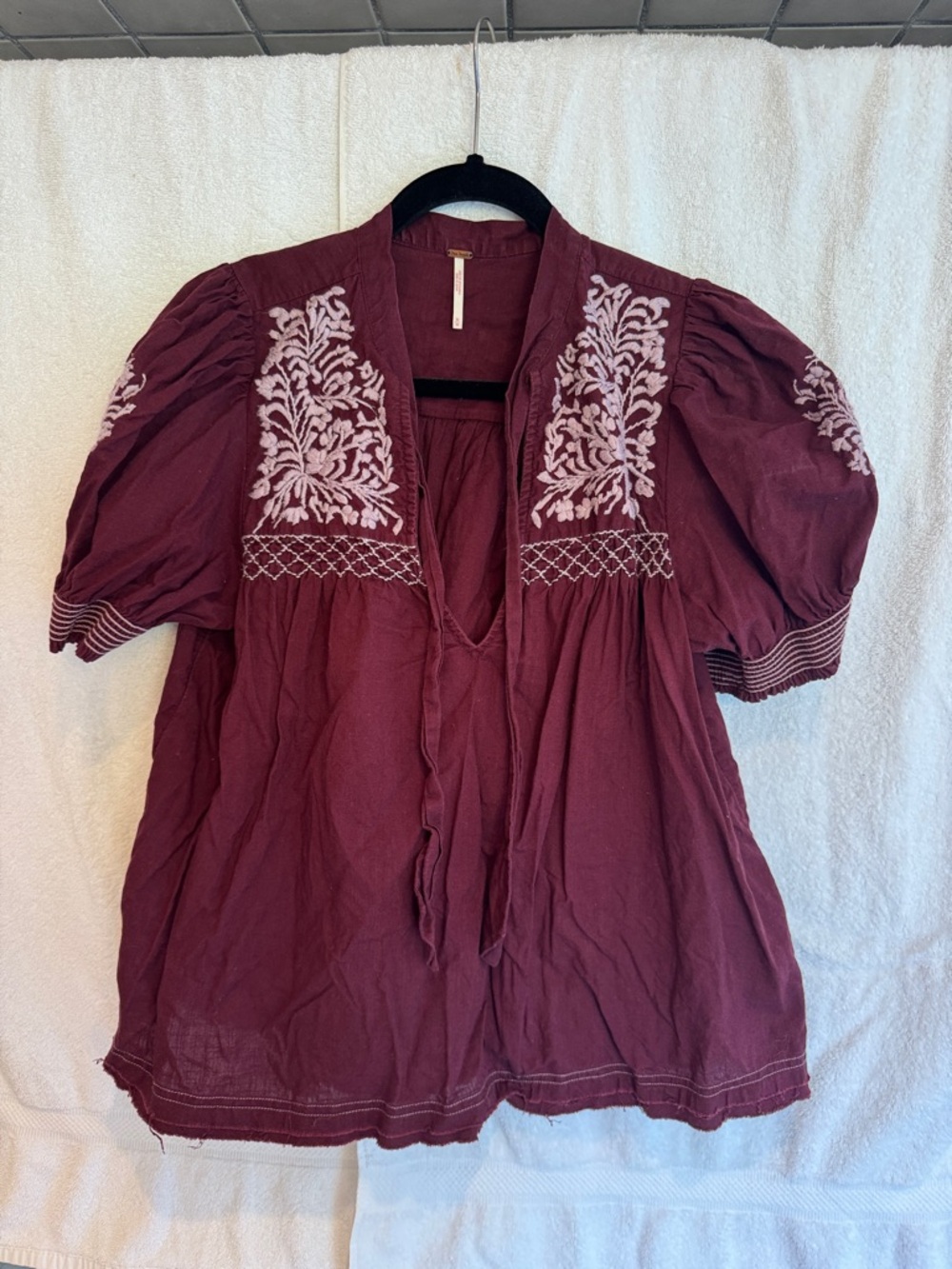 Free People Burgundy Embroidered Puff-Sleeve Tunic